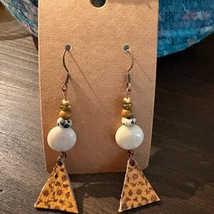 Geometric Leather Gold and White Dangle Earrings